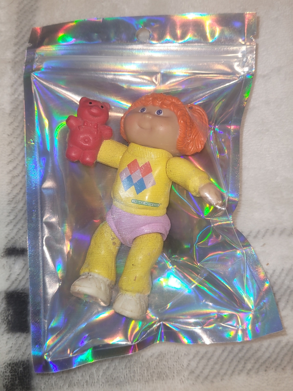 Retro-Inspired Kids Doll with Orange Hair and Red Bear Accessory - Yellow Outfit
